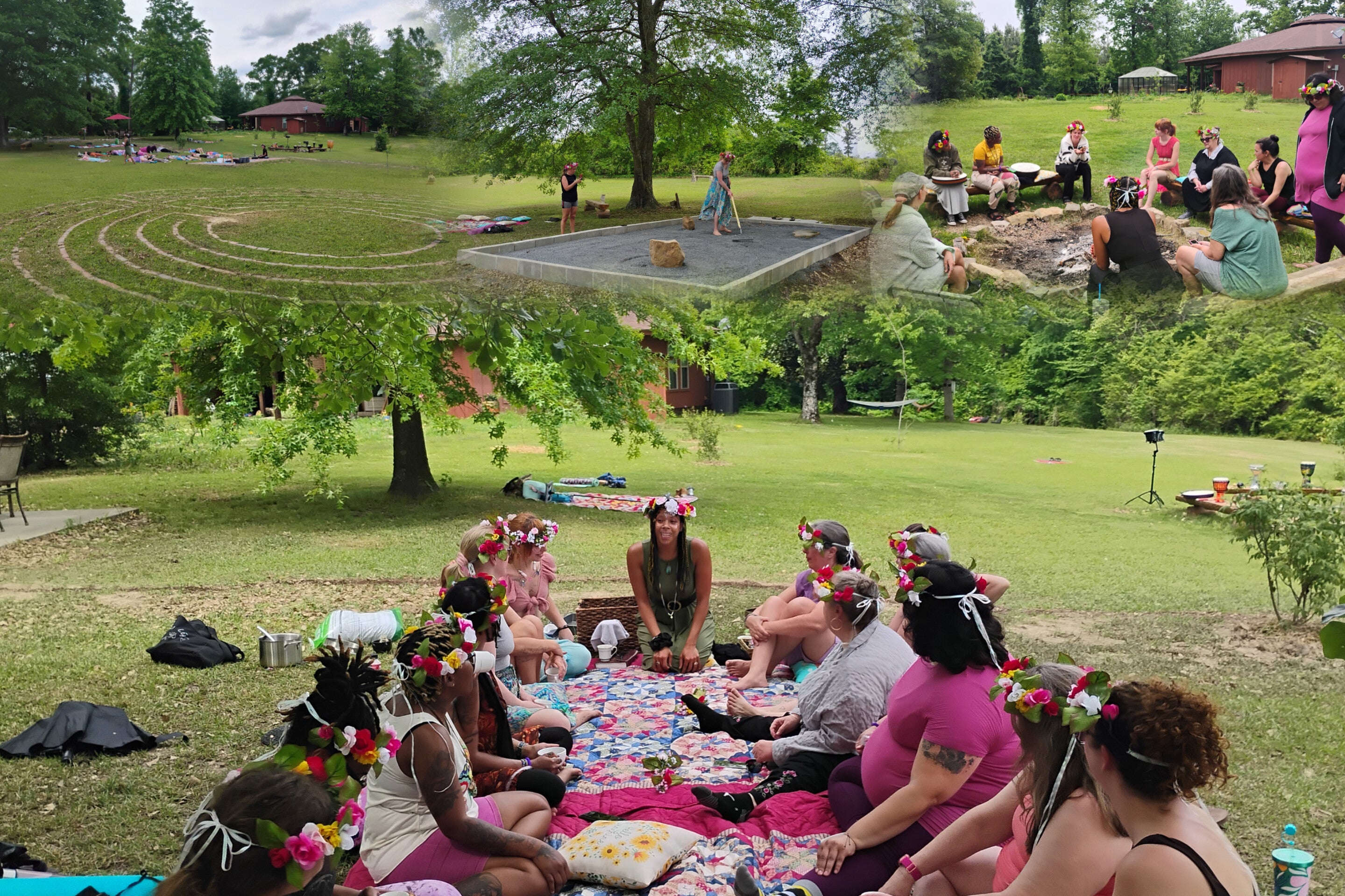 Photo collage of a yoga therapy retreat at Mama Gaia's Zen Garden in Umpire Arkansas.